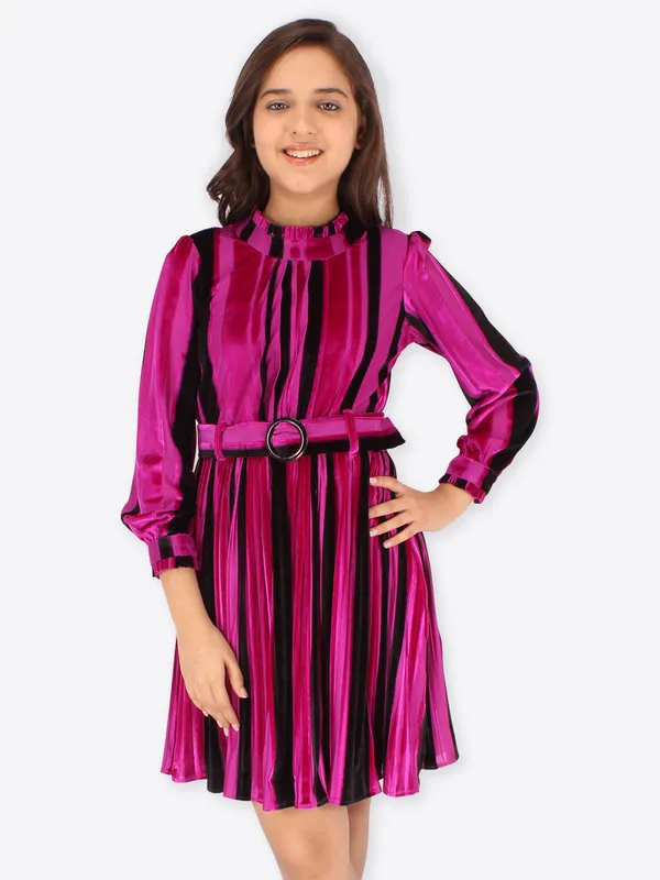Cutecumber_Girls_Chenille_and_Fur_Fabric_with_Satin_Lining_Winter_Striped_Printed_Fuchsia_Dress_with_A_Belt_and_Bag.CC6866D-FUCHSIA