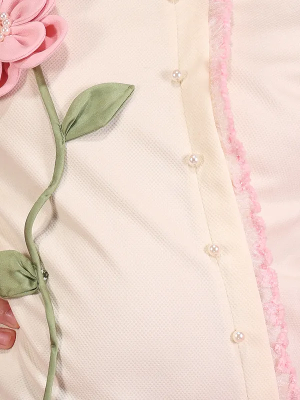 Cutecumber_Girls_Cream_Applique_Floral_Top_Round_Neck_Short_Sleeve_Casual_Cotton_Blend_Soft_Summer_Stylish_Kids_Fashion_T_Shirt_with_Button_Detail_Outfit_for_Baby_Girls_&_Kids_Age_1-15_Yrs