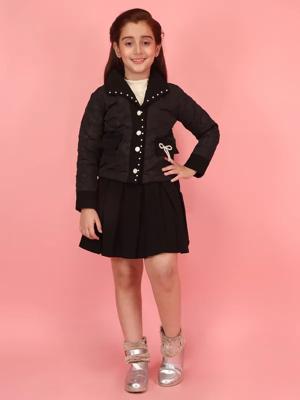 Cutecumber_Winter_Clothing_Set_For_Girls_Black_Pearl_Embellished_Collar_Neck,_Full_Sleeve_Pleated_Skirt_Suit_Quilted_Bomber_Fabric_Fancy_Button_Closure_Party_Outfit_For_Baby_Girls_&_Kids_Age_1-15_Yrs