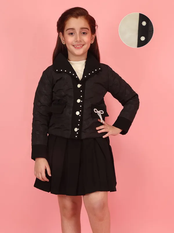 Cutecumber_Winter_Clothing_Set_For_Girls_Black_Pearl_Embellished_Collar_Neck,_Full_Sleeve_Pleated_Skirt_Suit_Quilted_Bomber_Fabric_Fancy_Button_Closure_Party_Outfit_For_Baby_Girls_&_Kids_Age_1-15_Yrs