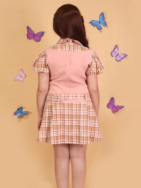 Cutecumber_Girls_Peach_Check_Above_Knee_Layered_V?Neck_Dress_with_Handbag_Belted_Fit_Summer_Trendy_Fashion_Casual_Outdoor_Outfit_for_Baby_Girls_&_Kids_Age_1-15_Yrs