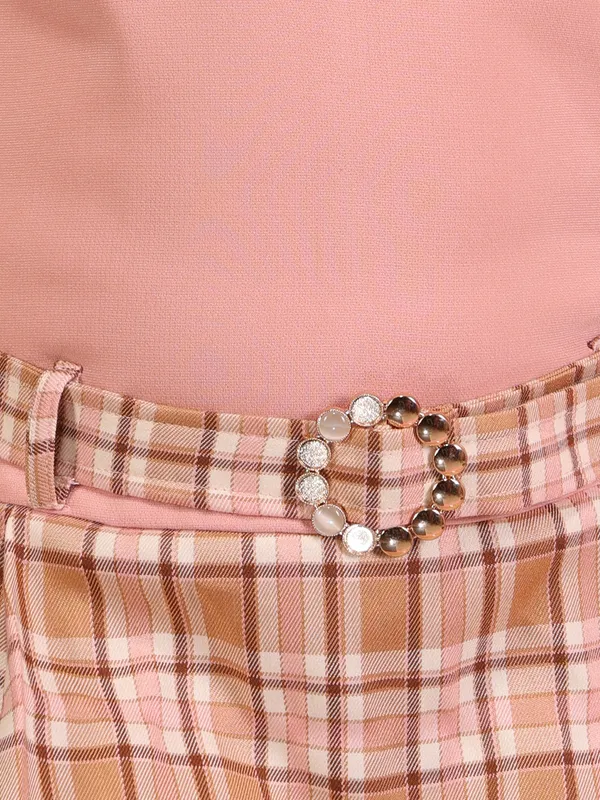 Cutecumber_Girls_Peach_Check_Above_Knee_Layered_V?Neck_Dress_with_Handbag_Belted_Fit_Summer_Trendy_Fashion_Casual_Outdoor_Outfit_for_Baby_Girls_&_Kids_Age_1-15_Yrs
