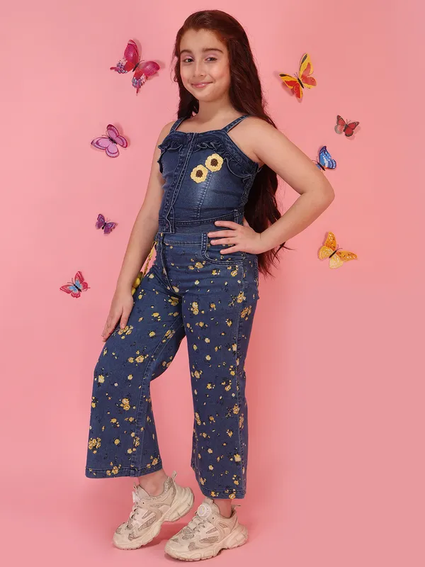Cutecumber_Girls_Blue_Denim_Top_&_Wide_Leg_Trouser_Clothing_Set_with_Floral_Print,_Sleeveless_Strap_Top_Button_Closure_Pocket_Design_Trendy_Party_Outfit_Co-Ord_Set_For_Baby_Girls_&_Kids_Age_1-15_Yrs