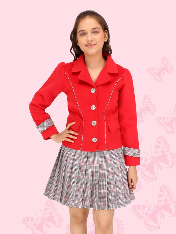 Cutecumber_Girls_Fleece_&_Check_Fabric_Checkered_Clothing_Set.Full_Sleeves_Collared_Neck_Coat_with_Box_Pleated_Skirt.CC7761AB-RED-44
