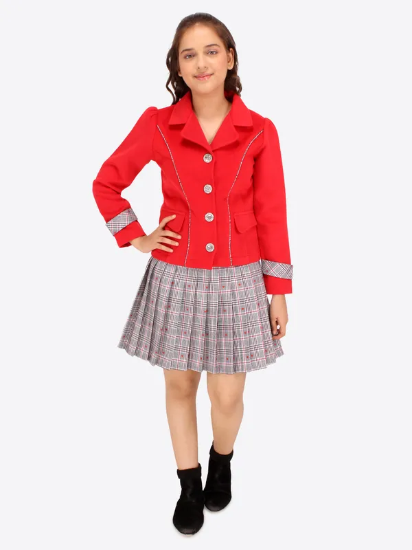 Cutecumber_Girls_Fleece_&_Check_Fabric_Checkered_Clothing_Set.Full_Sleeves_Collared_Neck_Coat_with_Box_Pleated_Skirt.CC7761AB-RED-44