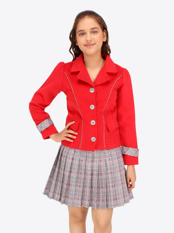 Cutecumber_Girls_Fleece_&_Check_Fabric_Checkered_Clothing_Set.Full_Sleeves_Collared_Neck_Coat_with_Box_Pleated_Skirt.CC7761AB-RED-44