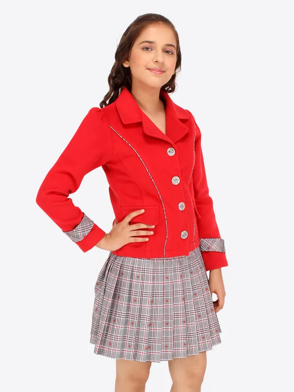 Cutecumber_Girls_Fleece_&_Check_Fabric_Checkered_Clothing_Set.Full_Sleeves_Collared_Neck_Coat_with_Box_Pleated_Skirt.CC7761AB-RED-44