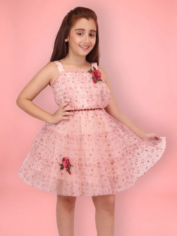Peach_Embellished_Net_Fit-and-Flare_Dress_for_Girls_with_Front_Bow