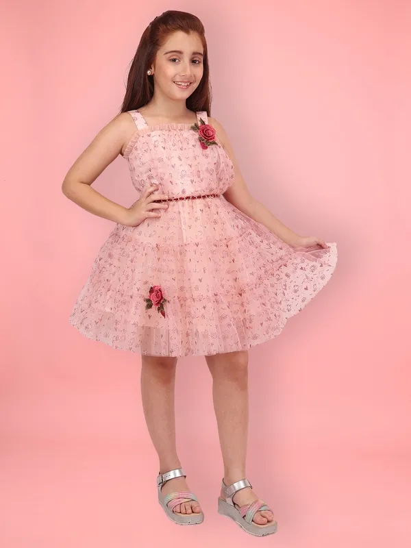 Peach_Embellished_Net_Fit-and-Flare_Dress_for_Girls_with_Front_Bow