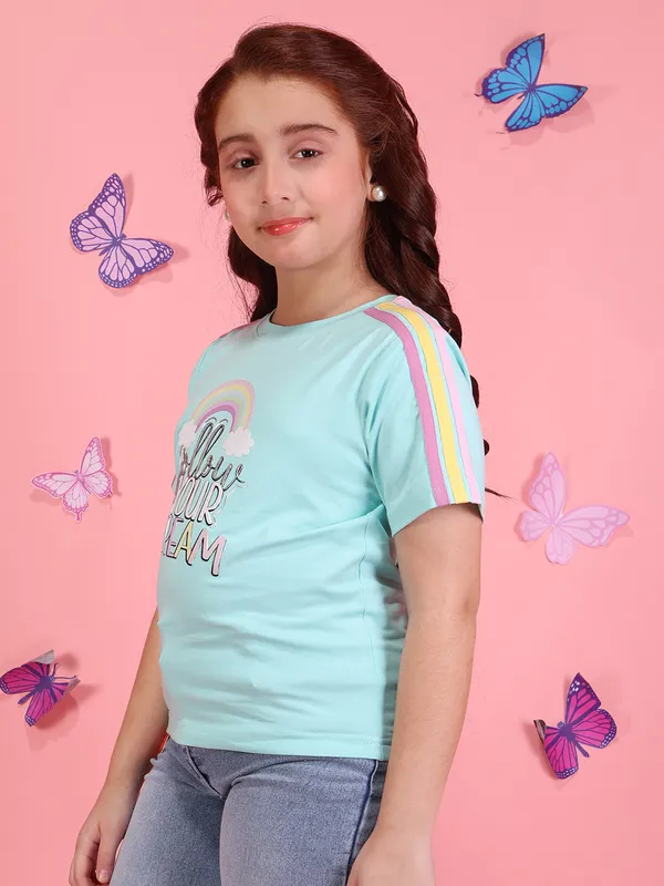 Cutecumber_Girls_Aqua_Rainbow_Printed_T-Shirt_Top_with_Round_Neck,_Short_Sleeves,_Pull-On_Closure,_Trendy_Casual_&_Party_Outfit_Knit_Fabric_Top_Summer_Baby_Girls_&_Kids_Age_1-15_Yrs