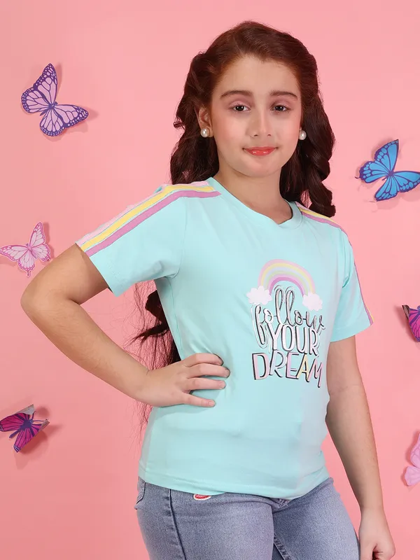Cutecumber_Girls_Aqua_Rainbow_Printed_T-Shirt_Top_with_Round_Neck,_Short_Sleeves,_Pull-On_Closure,_Trendy_Casual_&_Party_Outfit_Knit_Fabric_Top_Summer_Baby_Girls_&_Kids_Age_1-15_Yrs