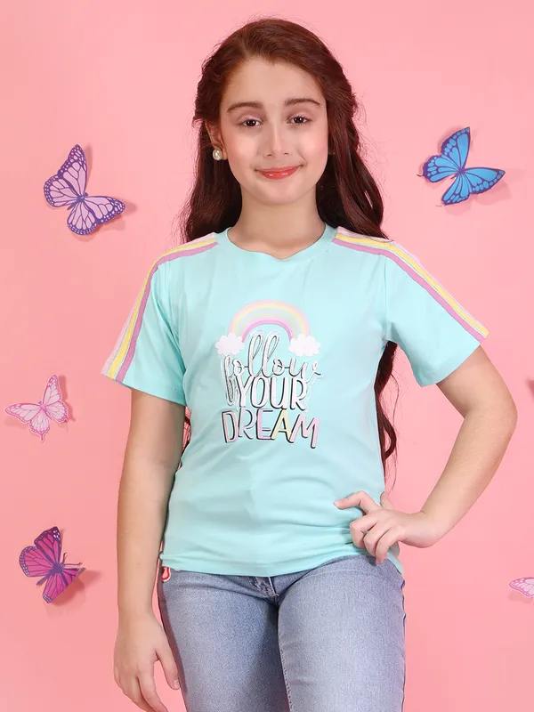 Cutecumber_Girls_Aqua_Rainbow_Printed_T-Shirt_Top_with_Round_Neck,_Short_Sleeves,_Pull-On_Closure,_Trendy_Casual_&_Party_Outfit_Knit_Fabric_Top_Summer_Baby_Girls_&_Kids_Age_1-15_Yrs