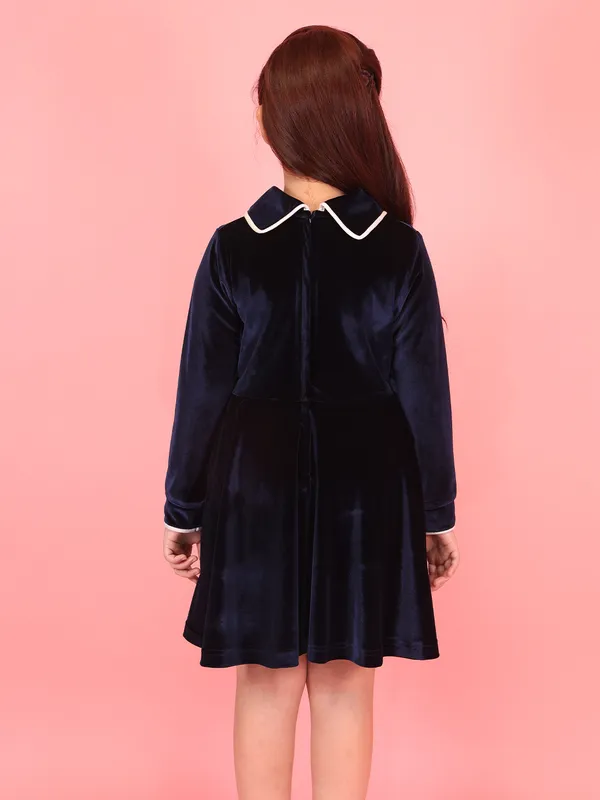 Cutecumber_Navy_Winter_Chenille_Fit_&_Flare_Dress_for_Girls_White_Trim_Collar_Neck,_Full_Sleeve_Knee-Length_Frock_Fancy_Bow_Stylish_Wedding_Birthday_Party_Outfit_for_Baby_Girls_&_Kids_Age_1-15_Yrs