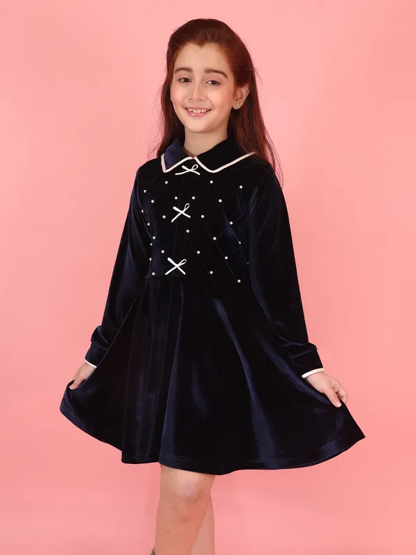 Cutecumber_Navy_Winter_Chenille_Fit_&_Flare_Dress_for_Girls_White_Trim_Collar_Neck,_Full_Sleeve_Knee-Length_Frock_Fancy_Bow_Stylish_Wedding_Birthday_Party_Outfit_for_Baby_Girls_&_Kids_Age_1-15_Yrs