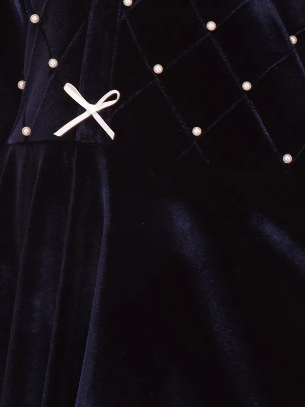 Cutecumber_Navy_Winter_Chenille_Fit_&_Flare_Dress_for_Girls_White_Trim_Collar_Neck,_Full_Sleeve_Knee-Length_Frock_Fancy_Bow_Stylish_Wedding_Birthday_Party_Outfit_for_Baby_Girls_&_Kids_Age_1-15_Yrs