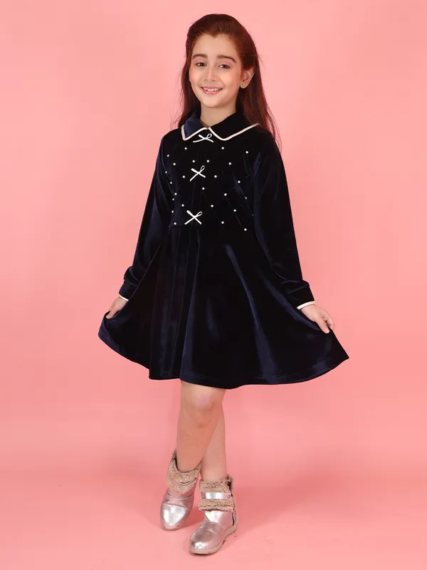 Cutecumber_Navy_Winter_Chenille_Fit_&_Flare_Dress_for_Girls_White_Trim_Collar_Neck,_Full_Sleeve_Knee-Length_Frock_Fancy_Bow_Stylish_Wedding_Birthday_Party_Outfit_for_Baby_Girls_&_Kids_Age_1-15_Yrs