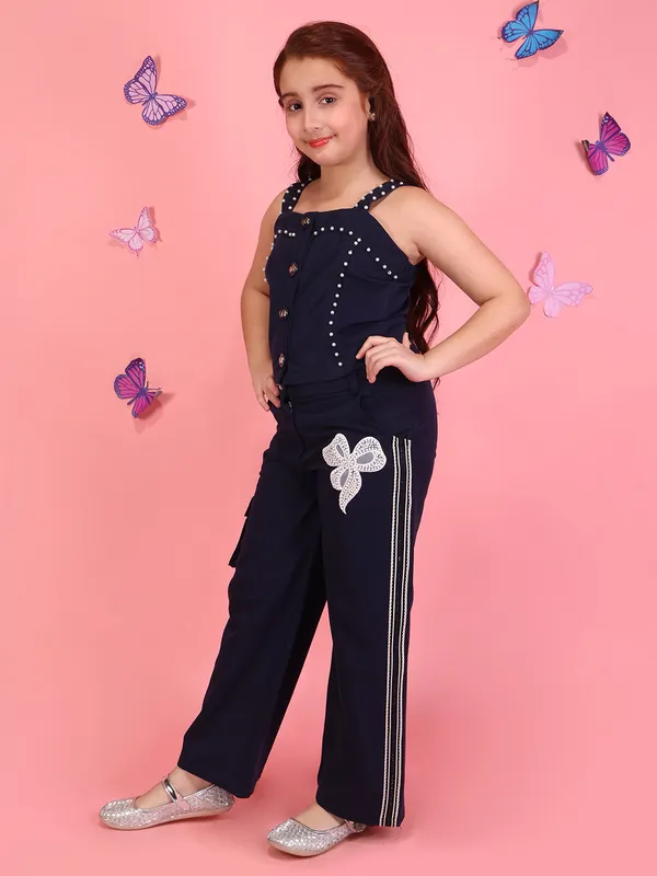 Cutecumber_Girls_Navy_Designer_Co_Ord_Set_Studded_Strap_Top_Wide_Leg_Pants_Floral_Applique_Trendy_Party_Stylish_Casual_Outfit_Comfortable_Kids_Fashion_Clothing_Set_For_Girls_Age_1-15_Yrs