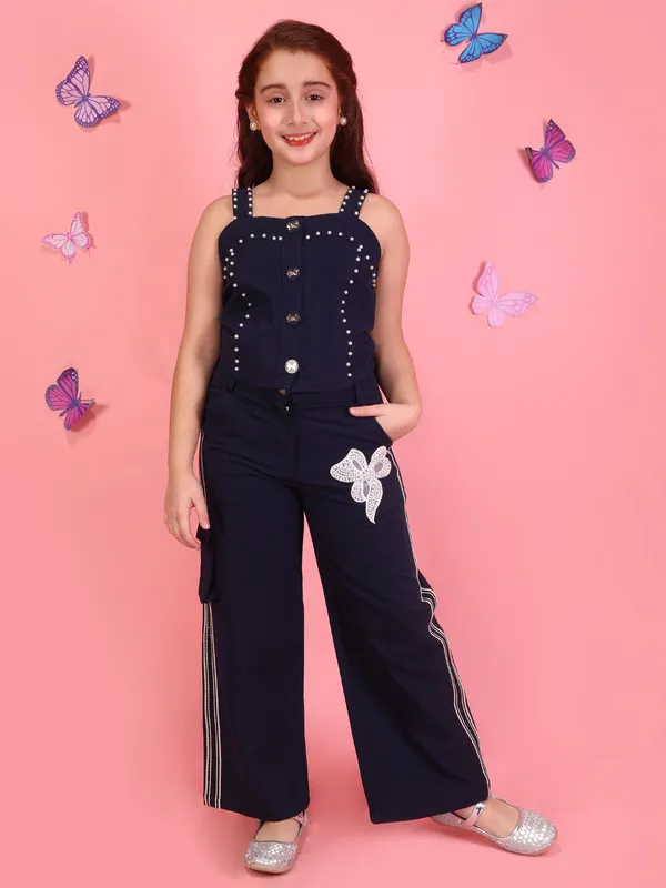 Cutecumber_Girls_Navy_Designer_Co_Ord_Set_Studded_Strap_Top_Wide_Leg_Pants_Floral_Applique_Trendy_Party_Stylish_Casual_Outfit_Comfortable_Kids_Fashion_Clothing_Set_For_Girls_Age_1-15_Yrs