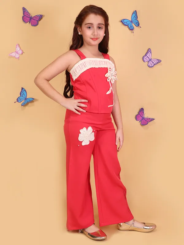 Cutecumber_Girls_Red_Knit_Co_Ord_Set_Color_Block_T_Shirt_Wide_Leg_Matching_Pants_Trendy_Casual_Summer_Outfit_Soft_Stretch_Comfortable_Daily_Stylish_Kids_Clothing_Set_For_Girls_Age_1-15_Yrs