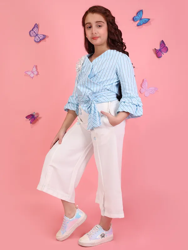 Cutecumber_Girls_Blue_Striped_Co_Ord_Set_Wrap_Top_Floral_Applique_Tie_Waist_Wide_Leg_Culotte_Pants_Stylish_Party_Summer_Trend_Fashion_Kids_Comfortable_Clothing_For_Girls_Age_1-15_Yrs