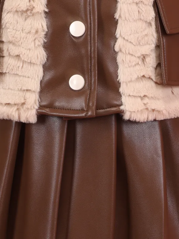Cutecumber_Girls_Brown_Leatherette_Vest_Clothing_Set_with_Jacket_Fur_Trim_and_Knit_Back_Button_Closure,_Sleeveless_Layering_Piece_for_Baby_Girls_and_Kids_Ages_1�15_Years_Trendy_Western_Design