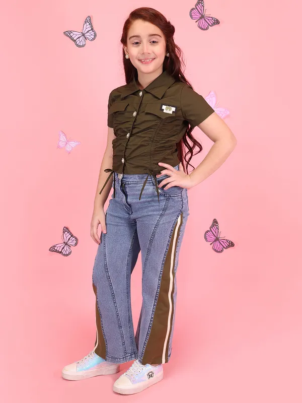 Cutecumber_Girls_Blue_Olive_Summer_Two_Piece_Clothing_Set_Button_Closure_Shirt_Collar_Top_with_Straight_Fit_Denim_Pants_Plain_Cuff_Casual_wear_Kids_Wear_for_Baby_Girls_and_Kids_1-15_Yrs