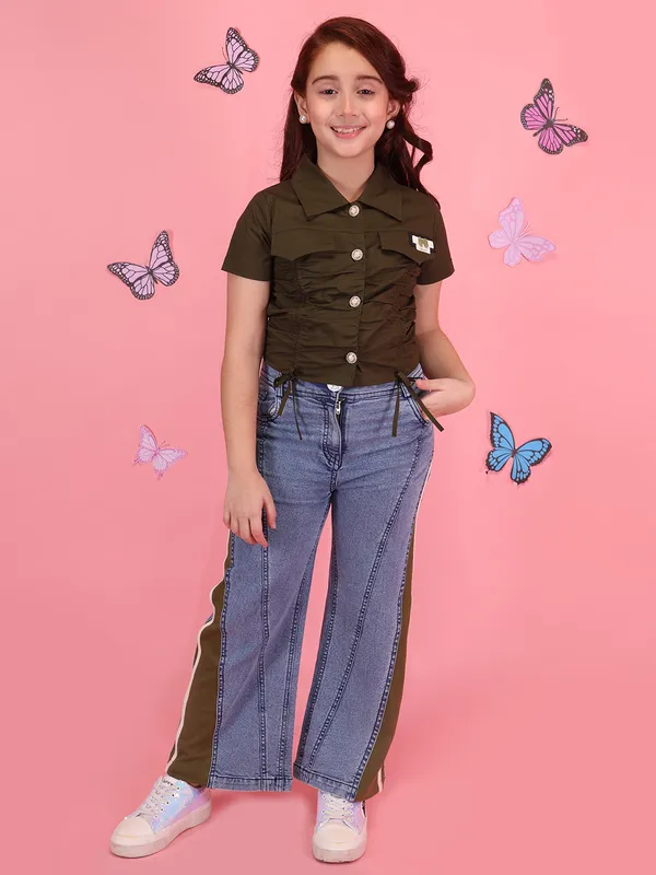Cutecumber_Girls_Blue_Olive_Summer_Two_Piece_Clothing_Set_Button_Closure_Shirt_Collar_Top_with_Straight_Fit_Denim_Pants_Plain_Cuff_Casual_wear_Kids_Wear_for_Baby_Girls_and_Kids_1-15_Yrs