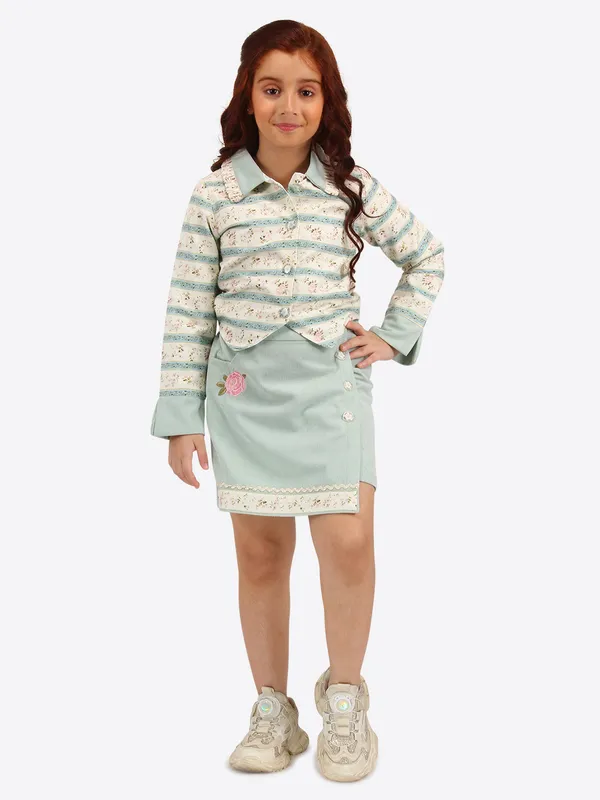Cutecumber_Green_cotton_printed_shirt_top_with_corduroy_skirt_set
