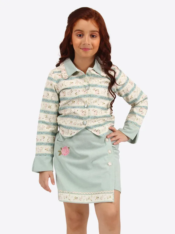 Cutecumber_Green_cotton_printed_shirt_top_with_corduroy_skirt_set