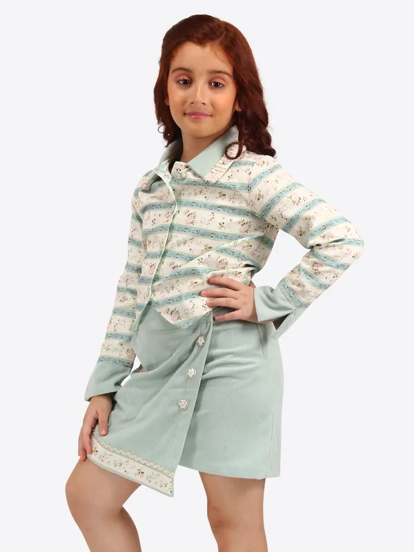 Cutecumber_Green_cotton_printed_shirt_top_with_corduroy_skirt_set