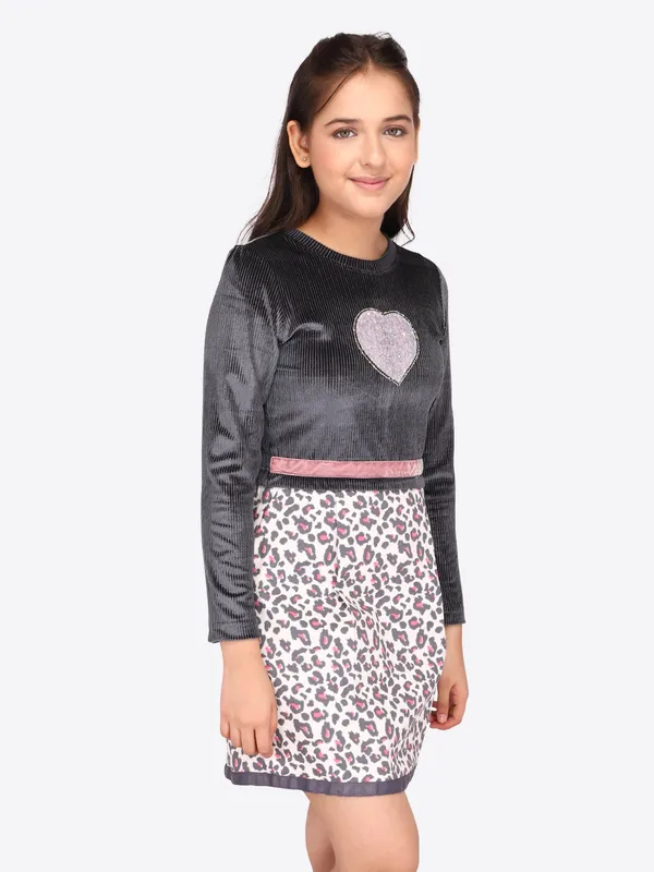Cutecumber_Girls_Twill,_Drop_Needle_&_Chenille_Animal_Printed_Full_Sleeve_Winter_Shift_Dress.CC7566D-GREY