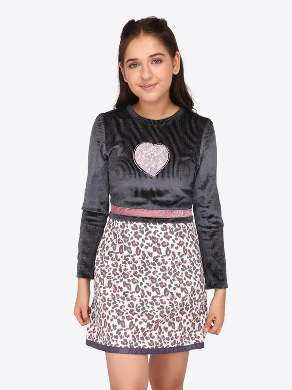 Cutecumber_Girls_Twill,_Drop_Needle_&_Chenille_Animal_Printed_Full_Sleeve_Winter_Shift_Dress.CC7566D-GREY
