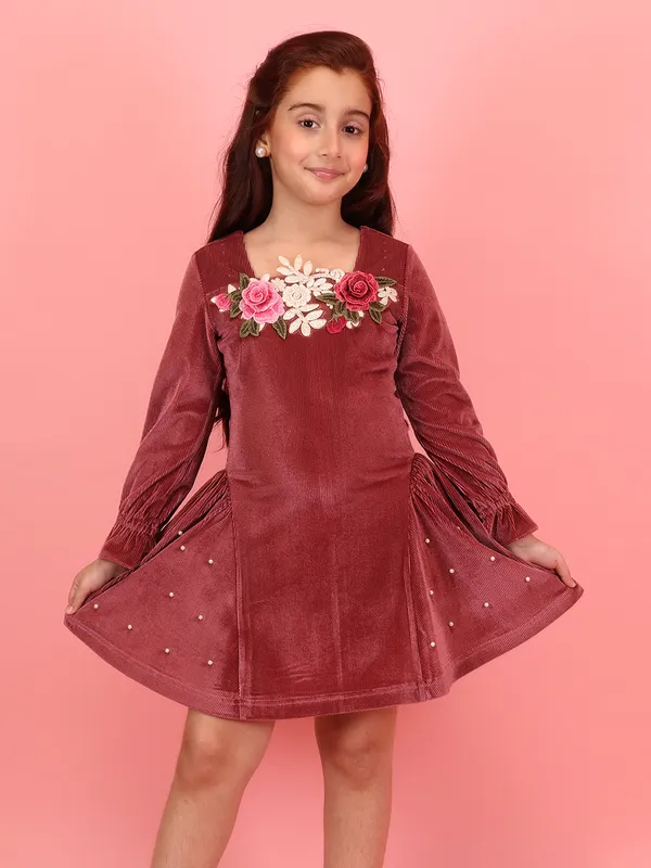 Cutecumber_Girls_Rust_Burgundy_Velvet_Dress_�_Drop_Needle_Chandelle_Printed_Net,_Floral_Embroidered,_Full_Bell_Sleeves_Knee_Length_for_Baby_Girls_Kids_Age_1-15_Years,_Designer_Outfit