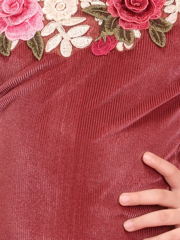Cutecumber_Girls_Rust_Burgundy_Velvet_Dress_�_Drop_Needle_Chandelle_Printed_Net,_Floral_Embroidered,_Full_Bell_Sleeves_Knee_Length_for_Baby_Girls_Kids_Age_1-15_Years,_Designer_Outfit