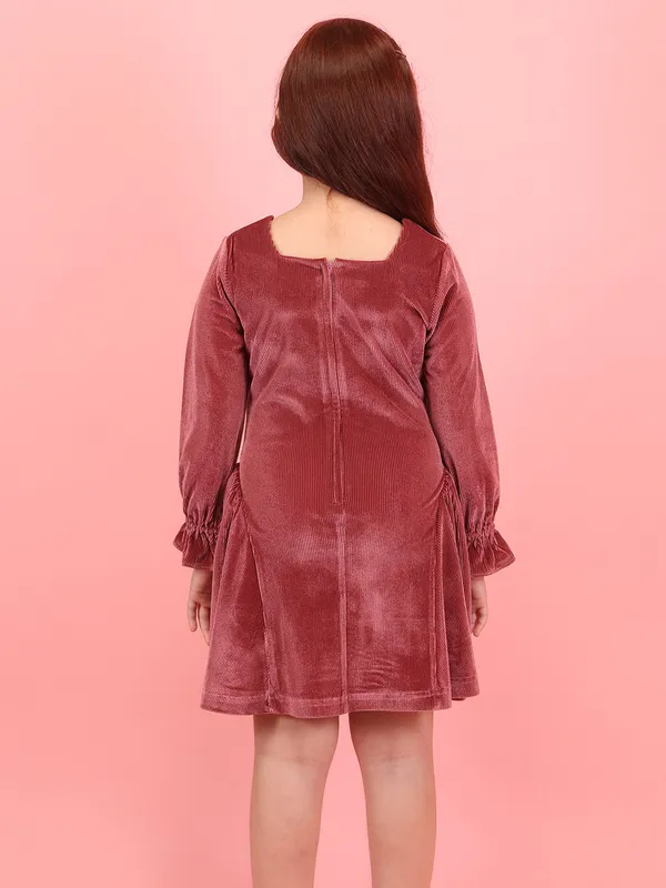 Cutecumber_Girls_Rust_Burgundy_Velvet_Dress_�_Drop_Needle_Chandelle_Printed_Net,_Floral_Embroidered,_Full_Bell_Sleeves_Knee_Length_for_Baby_Girls_Kids_Age_1-15_Years,_Designer_Outfit