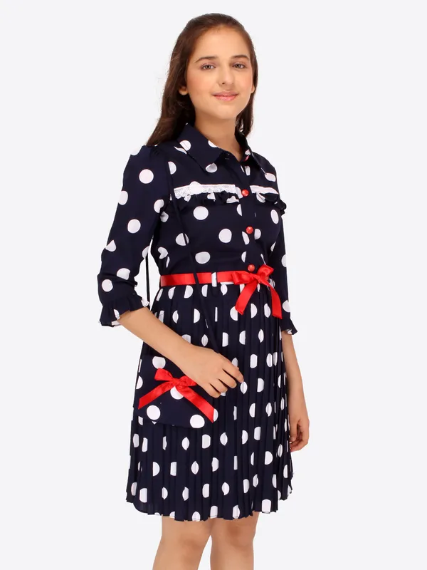 Cutecumber_Girls_Georgette_Polka_Dot_Printed_3/4th_Sleeves_Dress.CC7745D-NAVY