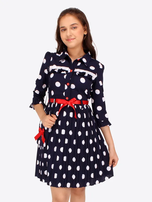 Cutecumber_Girls_Georgette_Polka_Dot_Printed_3/4th_Sleeves_Dress.CC7745D-NAVY