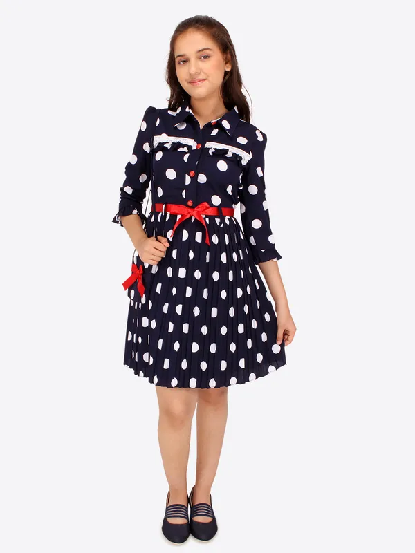 Cutecumber_Girls_Georgette_Polka_Dot_Printed_3/4th_Sleeves_Dress.CC7745D-NAVY