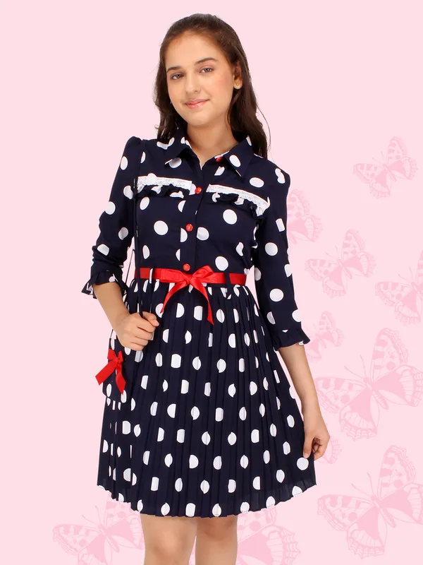 Cutecumber_Girls_Georgette_Polka_Dot_Printed_3/4th_Sleeves_Dress.CC7745D-NAVY