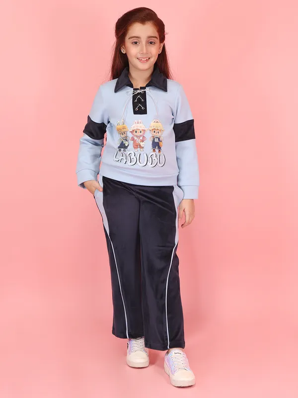Cutecumber_Blue_Winter_Clothing_Set_For_Girls_Polo_Collar_Full_Sleeve_Straight_Fit_Trouser_Suit,_Neoprene_Velour_Fabric_Fancy_Drawstring_Closure_Casual_Party_Outfit_For_Baby_Girls_&_Kids_Age_1-15_Yrs