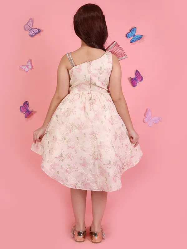 Cutecumber_Girls_Peach_Floral_Party_Dress_with_Handbag_Applique_Bow_Embellished_Above_Knee_Cotton_Blend_Outfit_Zip_Closure_Trendy_Summer_Birthday_Occasion_Wear_Clothing_Kids_&_Baby_Girls_Age_1-15_Yrs