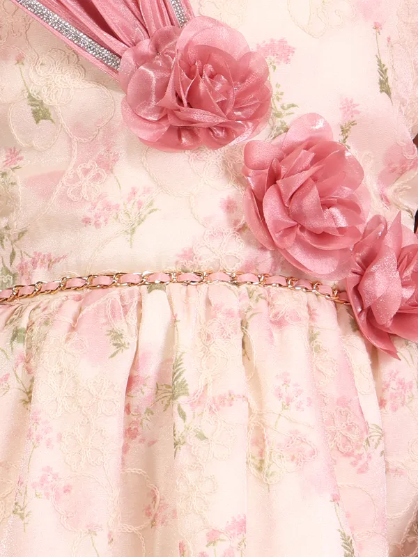 Cutecumber_Girls_Peach_Floral_Party_Dress_with_Handbag_Applique_Bow_Embellished_Above_Knee_Cotton_Blend_Outfit_Zip_Closure_Trendy_Summer_Birthday_Occasion_Wear_Clothing_Kids_&_Baby_Girls_Age_1-15_Yrs