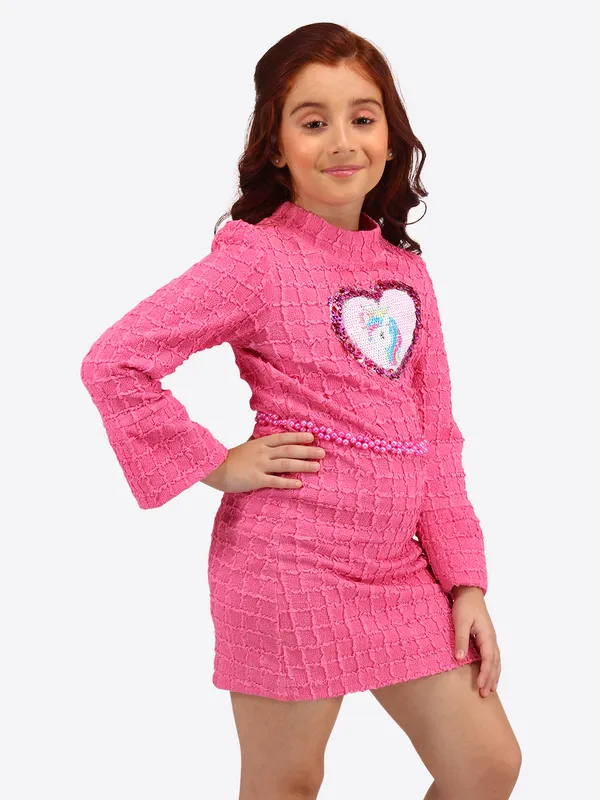 Cutecumber_Fuchsia_Textured_Knitted_Shift_Dress_with_Pink_Colour_Belt.CC8589D-FUCHSIA