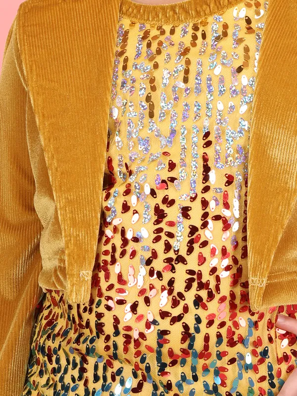 Cutecumber_Girls'_Two_Piece_A-Line_Dress_Mustard_Sequin_Lapel_Collar_Full_Sleeve_Chenille_Fabric_Shrug_Front_Zipp_Closure_Stylish_Fancy_Wedding_Party_&_Casual_Outfit_for_Baby_Girls_&_Kids_Age_1-15_Yrs