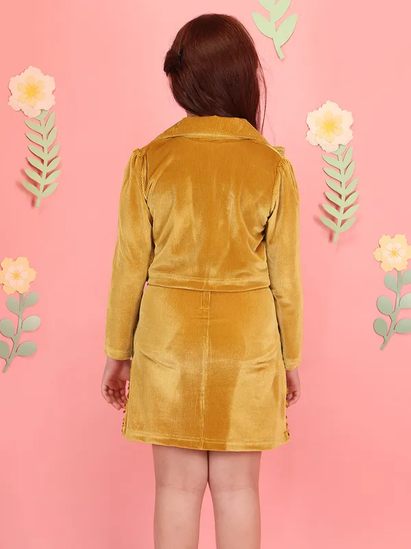Cutecumber_Girls'_Two_Piece_A-Line_Dress_Mustard_Sequin_Lapel_Collar_Full_Sleeve_Chenille_Fabric_Shrug_Front_Zipp_Closure_Stylish_Fancy_Wedding_Party_&_Casual_Outfit_for_Baby_Girls_&_Kids_Age_1-15_Yrs