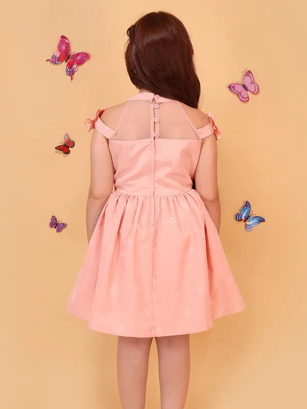Cutecumber_Girls_Peach_Summer_Party_&_Casual_Outfit_Jacquard_Fabric,_Fit_&_Flare_Dress_with_3D_Floral_Neckline,_Cold_Shoulder_Style,_Zip_Closure,_Birthday_Dress_for_Baby_Girls_&_Kids_Age_1-15_Yrs