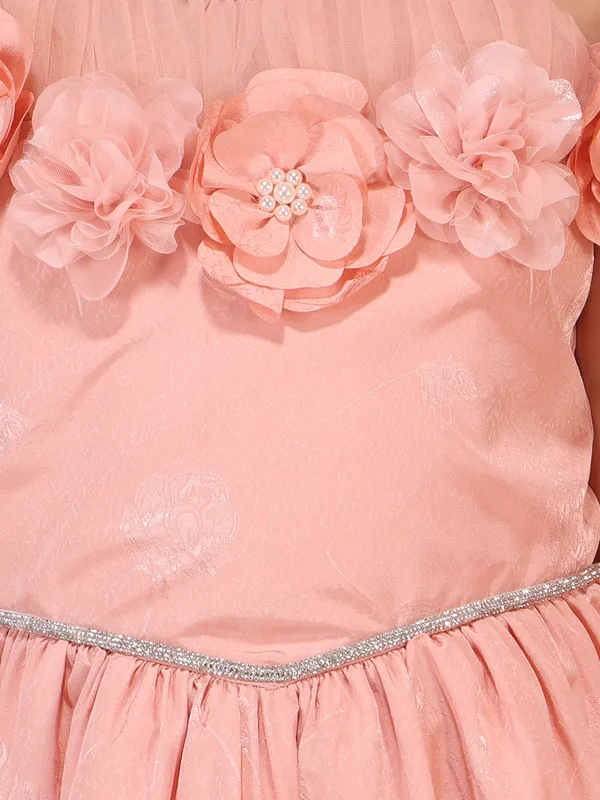 Cutecumber_Girls_Peach_Summer_Party_&_Casual_Outfit_Jacquard_Fabric,_Fit_&_Flare_Dress_with_3D_Floral_Neckline,_Cold_Shoulder_Style,_Zip_Closure,_Birthday_Dress_for_Baby_Girls_&_Kids_Age_1-15_Yrs
