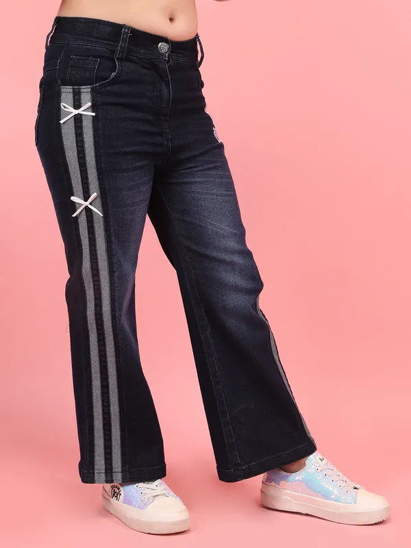 Cutecumber_Girls_Mid-Rise_Flared_Blue_Denim_Jeans_with_Side_Stripe_&_Bow_Detailing,_Wide_Leg_|_Zip_&_Button_Closure_|_Stylish_Full-Length_Pants_for_Baby_Girls_&_Kids_(1�15_Years)