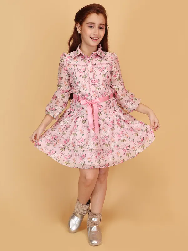 Cutecumber_Pink_Fit_&_Flare_Dress_for_Girls'_Floral_Print_Collared_Neck_Full_Sleeve_Knee-Length_Frock_Organza_Fabric_Front_Button_Closure_Casual_Party_Outfit_for_Baby_Girls_&_Kids_Age_1-15_Yrs