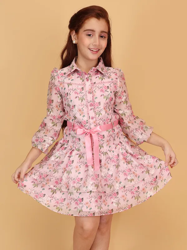 Cutecumber_Pink_Fit_&_Flare_Dress_for_Girls'_Floral_Print_Collared_Neck_Full_Sleeve_Knee-Length_Frock_Organza_Fabric_Front_Button_Closure_Casual_Party_Outfit_for_Baby_Girls_&_Kids_Age_1-15_Yrs